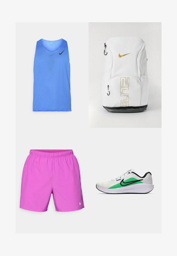 Top sin mangas azul de malla con cuello redondo y logo de Nike negro en contraste. Presenta un diseño perforado para ventilación y movimiento.; Shorts deportivos rosas con una cintura elástica, textura suave y un pequeño logo blanco de Nike en el lado inferior.; Zapatilla deportiva blanca con un acento verde, logo negro, parte superior de malla, suela acolchada y tacón redondeado. Presenta cordones y detalles en contraste.; Mochila Nike en blanco con logo dorado y texto "ELITE", cierres con cremallera, bolsillos laterales de malla y una base inferior negra. Textura suave.