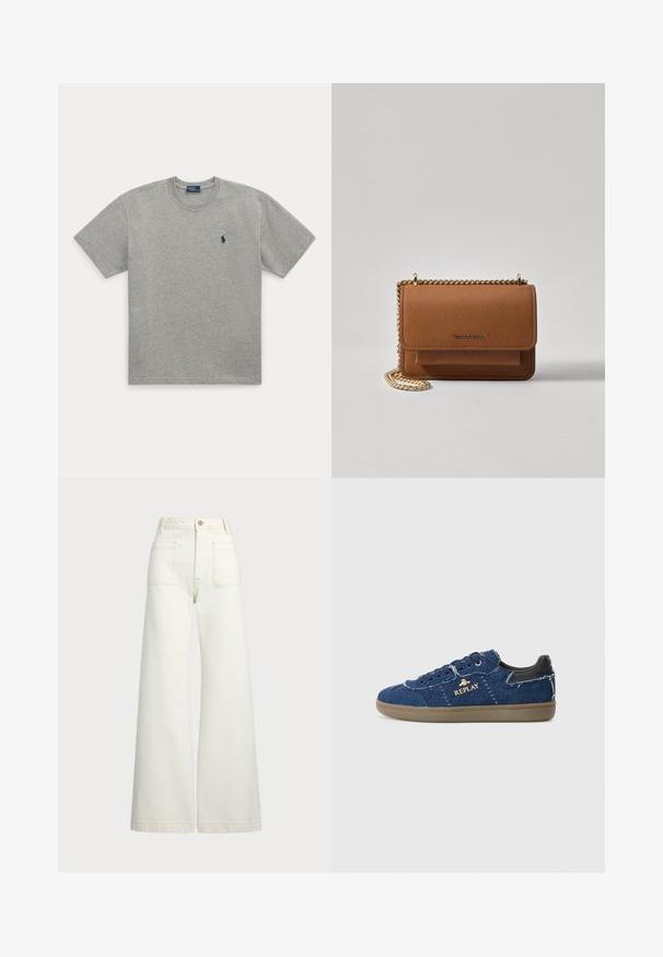 Camiseta de algodón gris con cuello redondo, mangas cortas y un pequeño logo de caballo bordado en azul en el lado izquierdo del pecho.; Jeans de pierna ancha en denim color blanco roto. Diseño de cintura alta con cierre de botón, dos bolsillos frontales y detalles de costura en contraste.; Replay PYPER - Zapatillas - blue; Bolso crossbody de cuero texturizado marrón con correa de cadena dorada y cierre de solapa. La parte frontal presenta un detalle de logo y un bolsillo debajo de la solapa.
