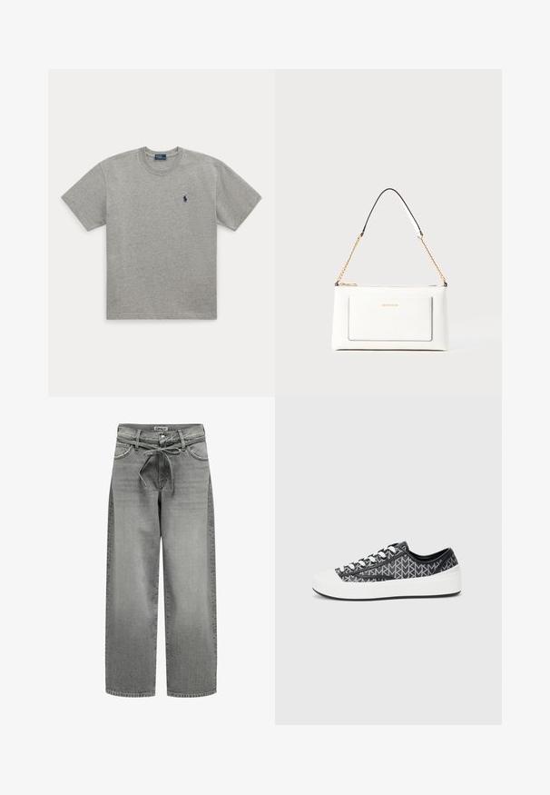 Šedé bavlnené tričko s okrúhlym výstrihom, krátkymi rukávmi a malým modrým vyšitým logom koňa na ľavej strane hrudníka.; Široké šedé deninové džínsy s pásom na šnúrku a prednými vreckami. Tkanina má miernu textúru a vybledlý vzhľad.; Čierne a sivé tenisky s bielou gumovou špičkou a podrážkou, vybavené čiernymi šnúrkami a textúrovaným dizajnom vrchnej časti.; Biele kožené kabelka s textúrovaným povrchom, ktorá má zlatý retiazkový popruh a čierne akcenty. Obsahuje prednú kapsu a zipsové zapínanie.