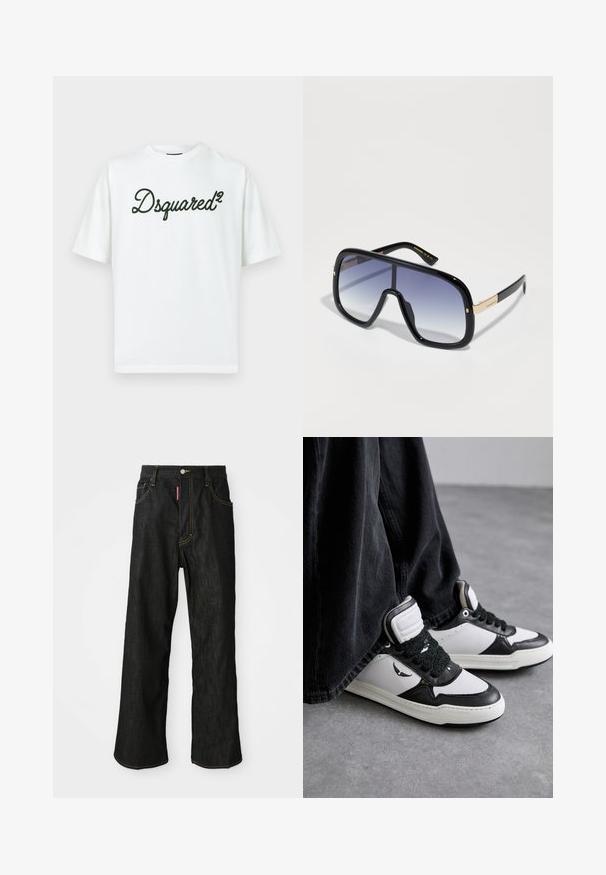 Tricou alb din bumbac cu mâneci scurte, având pe partea din față un logo negru brodat „Dsquared²” într-un font cursiv.; Jeans negri cu croi drept, cusături galbene, design cu cinci buzunare, închidere cu buton și un mic etichetă roșie pe buzunarul din dreapta față.; Adidași înalți alb-negru, cu detalii texturate din dantelă neagră, realizati din piele și materiale sintetice, având un logo pe lateral.; Ochelari de soare supradimensionați, de culoare neagră, cu lentile gradient în nuanțe de violet, finisaj lucios și accente aurii pe brad. Formă rectangulară a ramei.