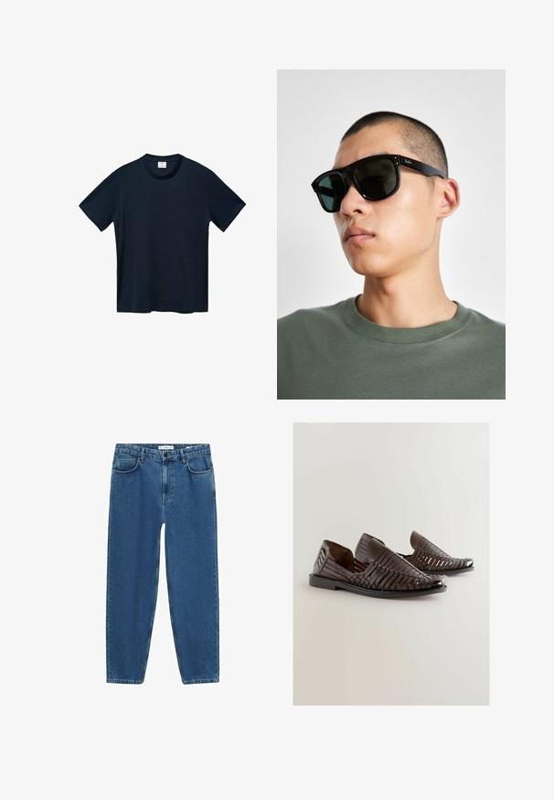 Granatowa koszulka z krótkim rękawem wykonana z miękkiej bawełny, z okrągłym dekoltem i prostym, równym wykończeniem, bez widocznych wzorów.; Jasnoniebieskie dżinsy o prostym kroju z klasycznym pięcioma kieszeniami i zapięciem na guzik w talii.; Brązowe, plecione skórzane buty wsuwane z otwartym palcem, charakteryzujące się gładką powierzchnią, płaską podeszwą i zaokrąglonym kształtem dla komfortu.; Czarne prostokątne okulary przeciwsłoneczne z ciemnymi szkłami, o charakterystycznym kształcie i logo na zauszniku. Noszone przez osobę w zielonej koszuli.