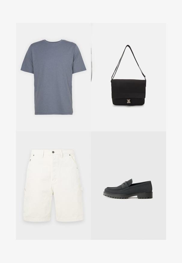 Siva majica s kratkim rukavima u kroju s okruglim izrezom, izrađena od mekane mješavine pamuka. Jednostavan dizajn, bez uzoraka ili naglasaka.; Bijele pamučne cargo kratke hlače ravnog kroja, s prednjim i bočnim džepovima, metalnim kopčanjem i petljama za remen. Glatka tekstura.; Crna loafer cipela s glatkom, mat završnom obradom, koja ima zaobljen vrh i debeli, teksturirani đon. Naglašena prednjim remenom.; Crni messenger ruksak od glatkog materijala, s preklopom, srebrnim kopčanjem i podesivim remenom za rame.