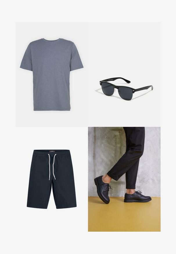 Szürke, rövid ujjú póló, kerek nyakkal, puha pamut keverékből készült. Egyszerű dizájn, minta vagy díszítés nélkül.; Sötétkék úszónadrág, könnyű anyagból készült, rugalmas derekú, fehér zsinórral és egyenes szabású dizájnnal.; Fekete bőr, fűzős cipő, lekerekített orral, textúrált felülettel és vastag gumitalppal. Fekete, felgöngyölt nadrággal viselve, betontér háttérrel.; Fekete napszemüveg, téglalap alakú, sötét lencsékkel, ezüst részletekkel a szárakon, és matt felülettel a kereten.