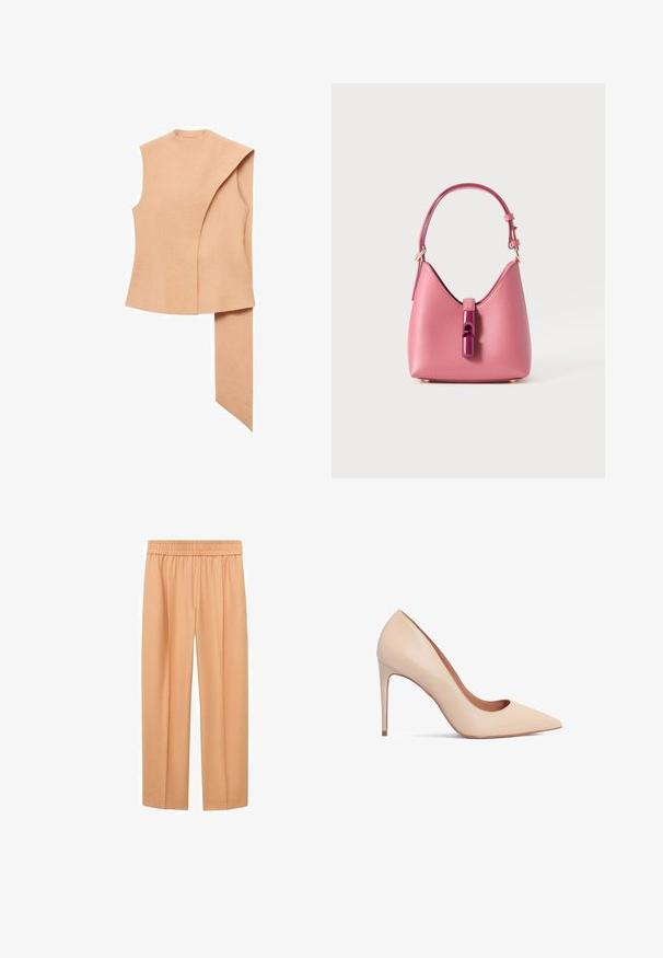 Tan ärmlös topp med en asymmetrisk design, som har en vikt krage och en lång, draperad panel på ena sidan. Slät tygtextur.; Persikofärgade vida byxor, med ett mjukt tyg, elastiskt midjeband och rak passform, som ger en avkopplande känsla.; Beige läderhögklackade pumps med spetsig tå och slät yta. Har en smal stilettklack och en låg vamp-design.; Rosa läderhandväska med en strukturerad form, med en glänsande stängning och ett enda justerbart band. Texturerad yta med detaljer i guld.
