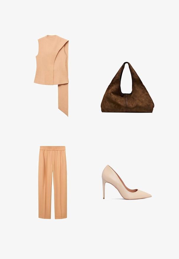 Tan ärmlös topp med en asymmetrisk design, som har en vikt krage och en lång, draperad panel på ena sidan. Slät tygtextur.; Persikofärgade vida byxor, med ett mjukt tyg, elastiskt midjeband och rak passform, som ger en avkopplande känsla.; Beige läderhögklackade pumps med spetsig tå och slät yta. Har en smal stilettklack och en låg vamp-design.; Brun mocka axelväska med öppen topp. Har en djup, bred kropp, urgröpt handtag och minimal sömnad för en ren design.