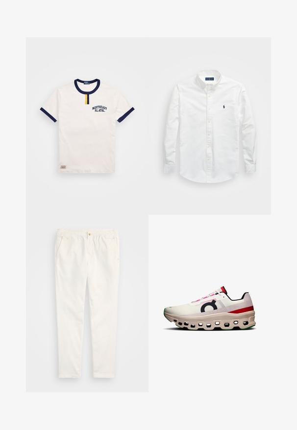 Bílý bavlněný tričko s námořnickou modrou kulatou výstřih a akcenty na rukávech. Obsahuje malou žlutou knoflíkovou dekoraci a vyšitý nápis "NORTHEAST RL ATHL."; Bílé košile na knoflíky vyrobené z bavlny. Má špičatý límec, dlouhé rukávy a malé námořnické logo na hrudi. Hladká textura.; Bílé bavlněné kalhoty s elastickým pasem, předními kapsami a detaily na knoflík. Rovný střih s hladkou texturou.; Běžecká obuv s bílou síťovinou a růžovými akcenty, velkým černým logem a robustní krémovou podešví s hexagonálními výřezy a zelenými detaily.