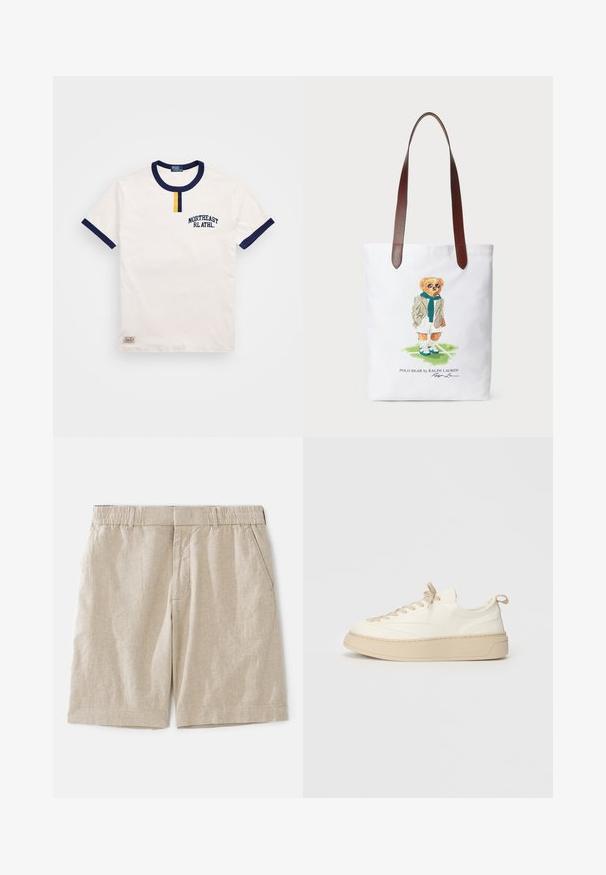 Hvit bomulls T-skjorte med marineblå rund hals og ermekanter. Har en liten gul knappdetalj og brodert "NORTHEAST RL ATHL."; Beige linshorts med en avslappet passform, med elastisk midje og sidelommer. Glatt tekstur med et subtilt vevd mønster.; Hvite lær sneakers med beige detaljer, med rund tå, flate snøringer, tykk såle og sydd detalj rundt bunnen.; Tote bag i lerret med en tegneserie-bjørn i grønt skjerf og blazer, med brune lærreimer for skulderen. Hvit bakgrunn, trykket design.