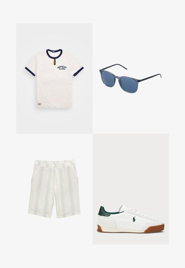 White cotton t-shirt with navy blue round neckline and sleeve accents. Features a small yellow button detail and embroidered "NORTHEAST RL ATHL."; White shorts made of lightweight fabric featuring vertical light blue and green stripes, with an elastic waistband and side pockets.; White sneaker with green leather accents and a tan rubber sole. Features a fabric body and a prominent logo on the side. Laced design.; Blue rectangular sunglasses with grey tinted lenses, plastic frame, metallic accents, and a matte finish on the arms.