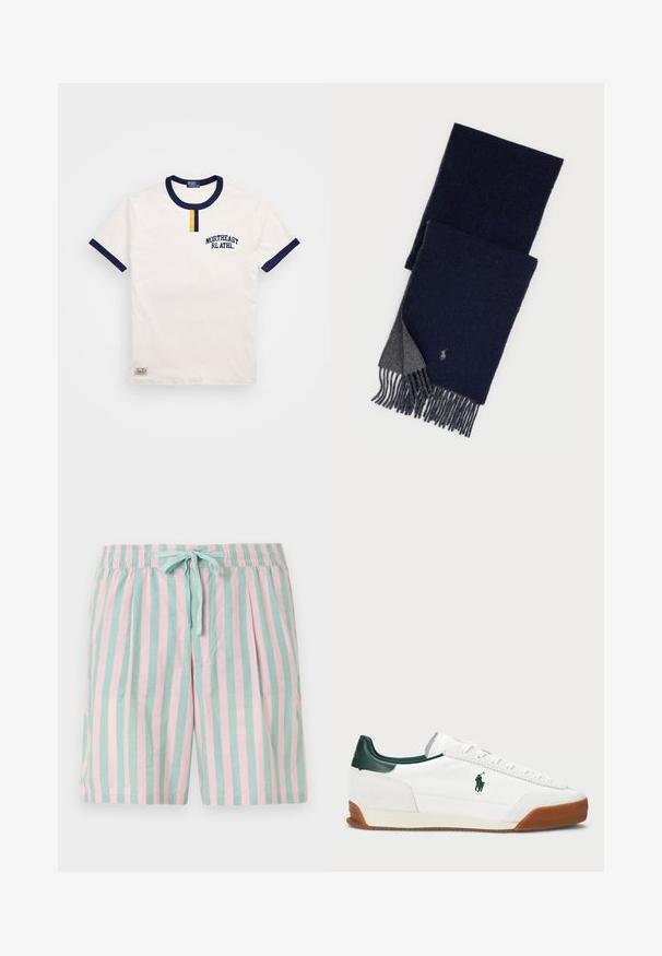 Balta kokvilnas T-kreklu ar tumši zilu apaļu kakla izgriezumu un piedurkņu akcentiem. Iezīmē mazu dzeltenu pogu detaļu un izbordētu "NORTHEAST RL ATHL."; Vieglās svītrainās šortos ar maiņojošām tirkīza un rozā vertikālām svītrām, elastīgu jostasvīru un priekšējo saišu detalizāciju.; Baltas sporta apavi ar zaļiem ādas akcentiem un brūnu gumijas zoli. Iezīmēts ar auduma virsmu un izteiktu logotipu sānos. Ar auklām.; Jūras zila vilnas šalle ar pelēko otru pusi, ar frizētām malām un mazu izšuvumu netālu no malas.