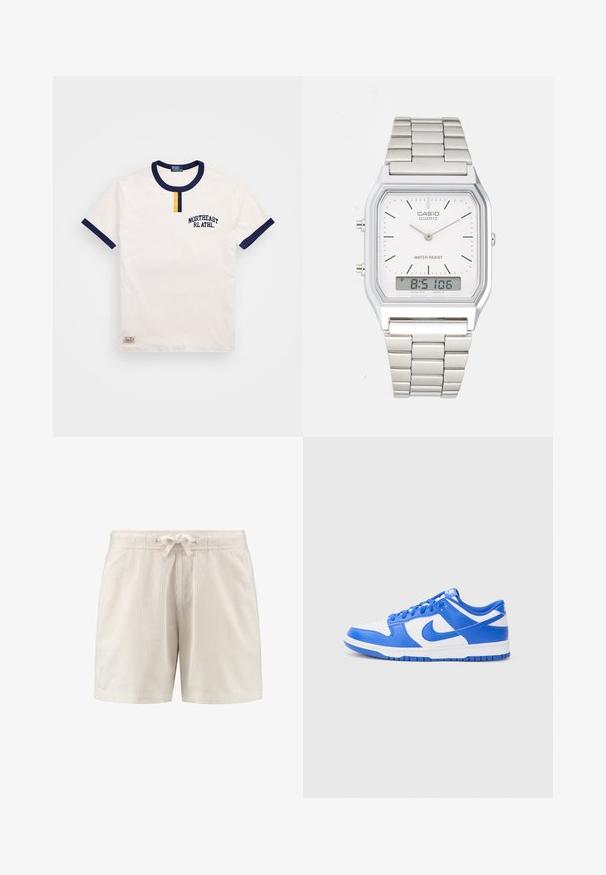 Bela bomba majica iz bombaža s temno modrim okroglim izrezom in dodatki na rokavih. Ima detajl s majhnim rumenim gumbom in vezenino "NORTHEAST RL ATHL."; Svetlo bež kordurojske kratke hlače z elastiko v pasu in vezalko, z vertikalno rebrasto teksturo in stranskimi žepi.; Nike Dunk čevlji z modrim in belim usnjem, ki vključuje perforirano konico, sistem vezalk in teksturiran gumen podplat.; Srebrna ura iz nerjavečega jekla s kvadratno ohišjem, belo številčnico, analognim in digitalnim prikazom ter kovinskim linkovnim zapestjem. Vodoodporna zasnova.