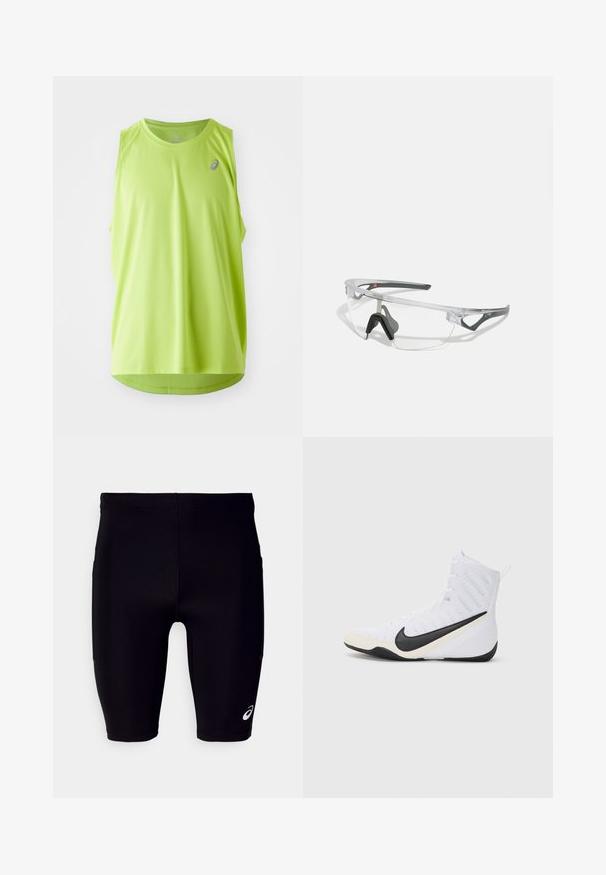 Neon grønn ermeløs treningstopp laget av teksturert stoff. Har en rund halslinning og en logo plassert øverst til venstre.; Sorte treningsshorts laget av elastisk materiale, med en tettsittende passform, knelengde design og en liten hvit logo på nederste sidene.; Nike treningstøvel i hvitt med svart swoosh. Har en høy-top design, teksturert overdel og en slitesterk gummisåle.; Klare sikkerhetsbriller med en lett, gjennomsiktig ramme og grå detaljer. Har en innpakket design og justerbar nesestykke.