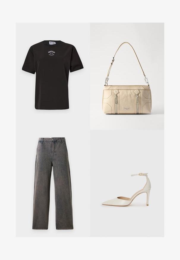 Melna kokvilnas t-kreklu ar īsām piedurknēm, ar apaļa kakla izgriezumu un balto izšūto logo "Moschino Jeans" uz krūts.; Platiem biksēm izgatavotām no izbalējuša pelēka auduma, ar pogu aizdari, jostas cilpām un sānu kabatām ar smalku tekstūru.; Baltas ādas augstpapēžu kurpes ar smailu purngala daļu, potītes siksniņu un šauru stiletto papēdi. Gluda tekstūra ar smalku spīdumu.; Bežs ādas rokassoma ar sudraba piederumiem, diviem sānu rāvējslēdzējiem, strukturētu dizainu un noņemamu siksnu daudzpusībai.