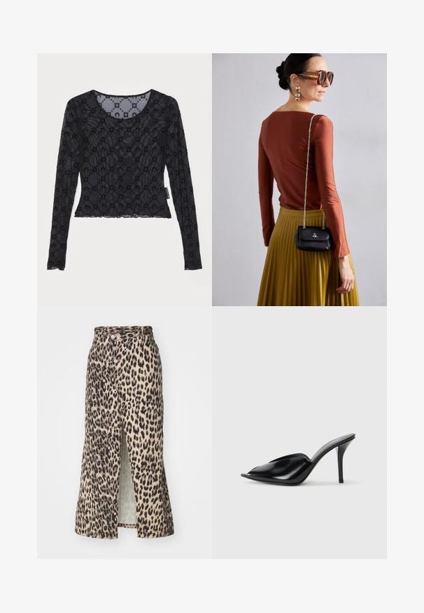 Černý dlouhý rukáv top vyrobený z průhledné, texturované tkaniny s vyvýšeným květinovým vzorem a kulatým výstřihem se zkoseným lemem.; Midi sukně s leopardím tiskem vyrobená z měkké látky, s předním rozparkem, zapínáním na knoflík a přiléhavým pasem, v neutrálních tónech s černými akcenty.; Černé kožené vysoké muly s otevřenou špičkou, špičatým designem, hladkým povrchem a štíhlým jehlovým podpatkem.; Vivienne Westwood SMALL PURSE CHAIN - Taška s příčným popruhem - black