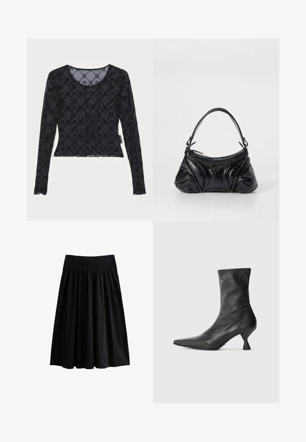 Czarna bluzka z długim rękawem, wykonana z przezroczystej, teksturowanej tkaniny, zdobiona wypukłym kwiatowym wzorem oraz okrągłym dekoltem z falbaniastym wykończeniem.; Czarna spódnica do kolan z marszczonym paskiem w talii. Wykonana z miękkiego materiały, ma luźny krój i gładką teksturę bez widocznych wzorów.; Czarne skórzane botki za kostkę z ostro zakończonym noskiem, teksturowanym noskiem oraz smukłym, stożkowym obcasem. Gładka powierzchnia z subtelnymi detalami w szyciu.; Czarna torebka wykonana z teksturowanej skóry o zaokrąglonym kształcie. Posiada cienki pasek na ramię oraz zdobnicze wytłoczone wzory.
