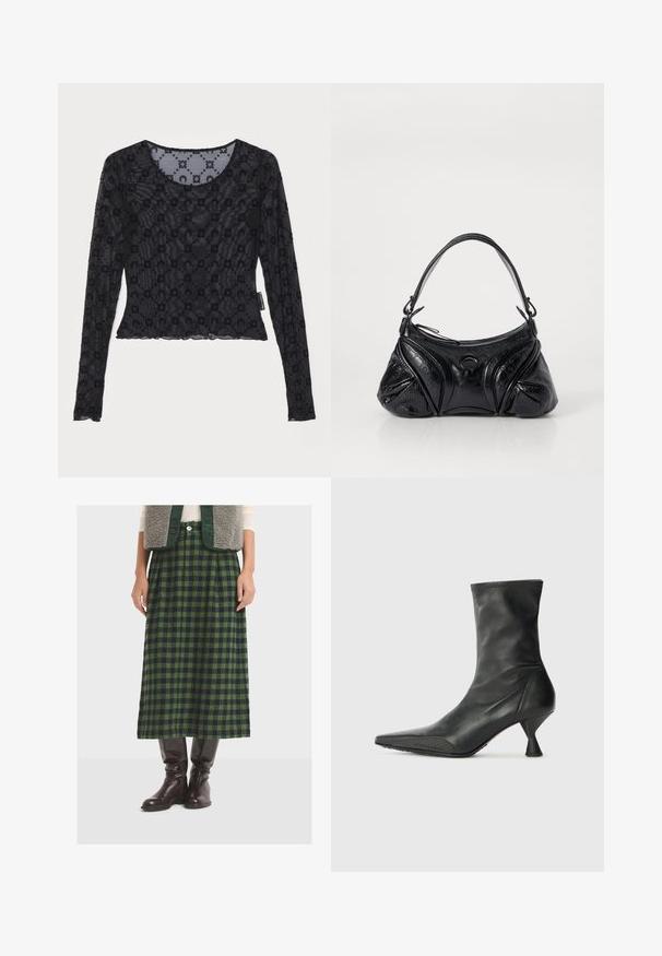 Sort langærmet top lavet af gennemsigtig, tekstureret stof med et hævet blomstermønster og en rund halsudskæring med en bølget kant.; Grøn- og marineblå ternet midi-nederdel lavet af tekstureret stof, med plisseringer og lige snit, parret med knæhøje brune læderstøvler.; Sort læder ankelstøvle med spids tå, tekstureret tåkap og en slank, konisk hæl. Glat overflade med diskrete syninger.; Sort håndtaske lavet af tekstureret læder med en rund form. Har en tynd skulderrem og dekorative præget mønstre.