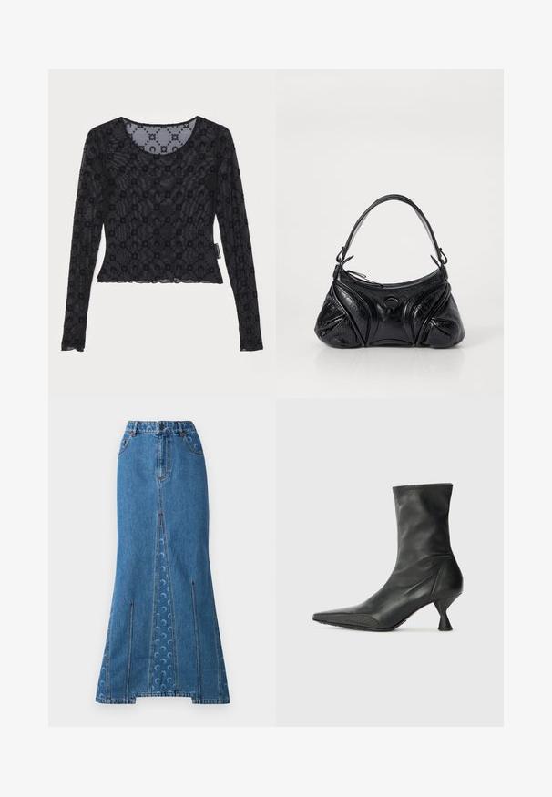 Tricou lung cu mâneci negre, realizat dintr-un material transparent și texturat, având un model floral reliefat și un gât rotunjit cu margine ondulată.; Fustă maxi din denim de culoare albastru mediu, cu talie ajustată, siluetă dreaptă, cusături roșii contrastante și un model circular subtil pe spate.; Botine negre din piele, cu vârf ascuțit, vârf texturat și toc conic, subțire. Suprafață netedă cu detalii de cusătură subtile.; Geantă de mână neagră din piele texturată, cu o formă rotunjită. Dispune de o curea subțire pentru umăr și modele decorative în relief.