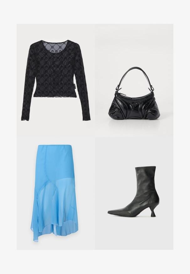 Mustassa pitkähihainen paita, joka on valmistettu läpikuultavasta, tekstuuripinnasta, jossa on kohotettu kukkakuosi ja pyöristetty kaula-aukko, jossa on aaltoileva helma.; AVAVAV DRAPED SKIRT - A-linjainen hame - blue; Musta nahkasaapas nilkkapituisena, teräväkärkinen, tekstuurilla varustettu kärki ja hoikka, kartiomainen korko. Sileä pinta, jossa on hienovaraisia ompeluyksityiskohtia.; Musta käsilaukku, joka on valmistettu teksturoidusta nahasta ja jolla on pyöreä muoto. Sisältää ohuen olkahihnan ja koristeellisia kohokuvioituja kuvioita.