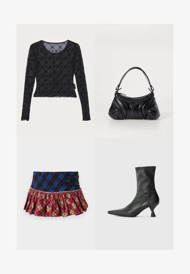 Top nero a maniche lunghe realizzato in tessuto trasparente e testurizzato, caratterizzato da un motivo floreale in rilievo e da un collo rotondo con orlo scalloppato.; Una gonna plissettata con un top a quadri blu e neri, dotata di due fibbie nere e un orlo arricciato a motivo diamante rosso, verde e giallo.; Stivale alla caviglia in pelle nera con punta appuntita, punta testurizzata e tacco conico sottile. Superficie liscia con dettagli di cucito discreti.; Borsa nera realizzata in pelle testurizzata con una forma arrotondata. Presenta una sottile tracolla e motivi decorativi a rilievo.