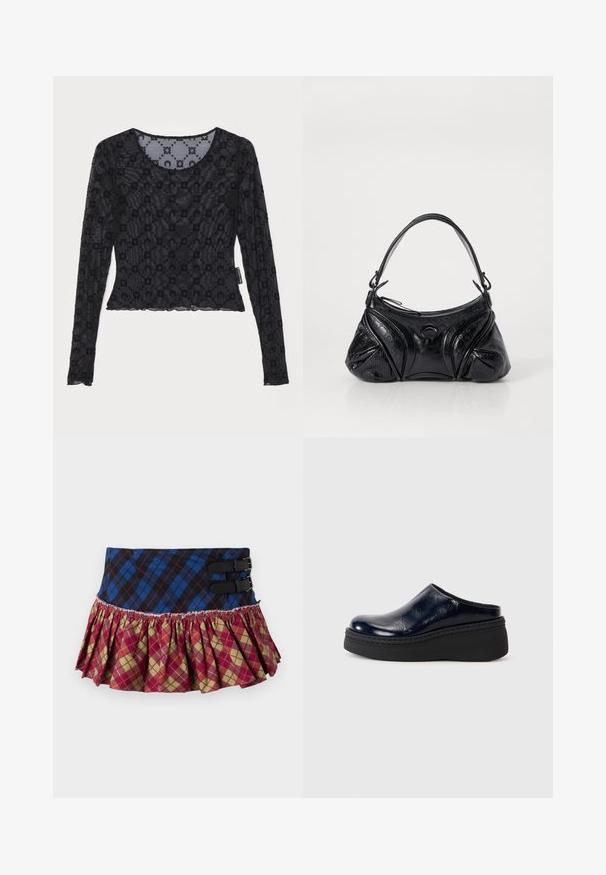 Melna garām piedurknēm augšdaļa, izgatavota no caurspīdīga, teksturēta auduma, ar izvirzītu ziedu rakstu un apaļu kakla izgriezumu ar viļņotu maliņu.; Plisēta svārku kleita ar zilu un melnu rūtainu augšdaļu, kurai ir divi melni sprādzes un sarkano, zaļo un dzelteno dimantu raksta volāns.; Tumši zila lakota āda ar gludu apdari, piedāvā biezus melnus platformas sole ar redzamām šuvēm apakšā.; Melna soma, kas izgatavota no strukturētas ādas ar noapaļotu formu. Tajā ir plāna plecu siksna un dekoratīvi reljefi raksti.