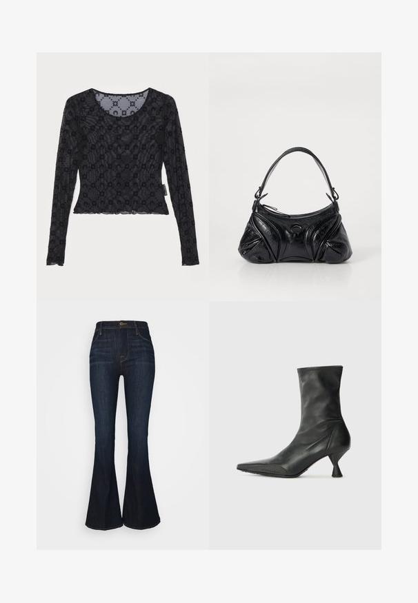 Schwarzes Langarmoberteil aus transparenter, strukturierter Stoff mit erhabenem Blumenmuster und rundem Ausschnitt mit gewelltem Saum.; FRAME LE PIXIE HIGH FLARE - Flared Jeans - sutherland; Schwarze Lederstiefelette mit spitzer Zehenpartie, strukturiertem Zehenkappen und schlankem, konisch geformtem Absatz. Glatte Oberfläche mit dezenten Nähdetails.; Schwarze Handtasche aus strukturiertem Leder mit runder Form. Verfügt über einen dünnen Schulterriemen und dekorative geprägte Muster.