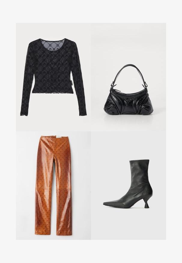 Mustassa pitkähihainen paita, joka on valmistettu läpikuultavasta, tekstuuripinnasta, jossa on kohotettu kukkakuosi ja pyöristetty kaula-aukko, jossa on aaltoileva helma.; Ruskeat tekonahka-housut, joissa on teksturoitu pinta, jossa on kuun muotoinen kuvio, korkeavyötäröinen malli ja suora lahje.; Musta nahkasaapas nilkkapituisena, teräväkärkinen, tekstuurilla varustettu kärki ja hoikka, kartiomainen korko. Sileä pinta, jossa on hienovaraisia ompeluyksityiskohtia.; Musta käsilaukku, joka on valmistettu teksturoidusta nahasta ja jolla on pyöreä muoto. Sisältää ohuen olkahihnan ja koristeellisia kohokuvioituja kuvioita.