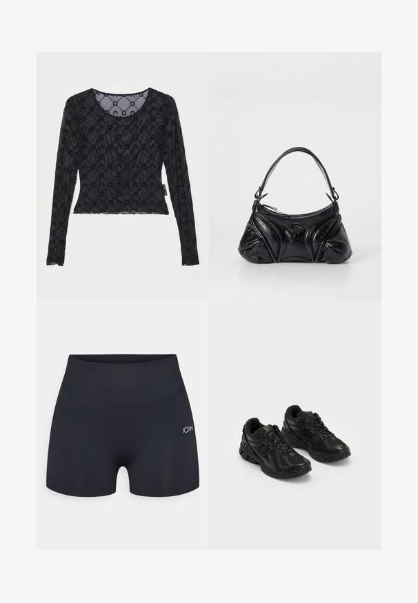 Czarna bluzka z długim rękawem, wykonana z przezroczystej, teksturowanej tkaniny, zdobiona wypukłym kwiatowym wzorem oraz okrągłym dekoltem z falbaniastym wykończeniem.; Czarne dopasowane szorty wykonane z elastycznego materiału, z szerokim pasem i subtelnym logo po boku. Gładka struktura powierzchni.; Czarne buty sportowe wykonane z siateczki i materiałów syntetycznych. Posiadają amortyzowaną podeszwę, teksturowane wzory oraz wytłoczone logo po boku.; Czarna torebka wykonana z teksturowanej skóry o zaokrąglonym kształcie. Posiada cienki pasek na ramię oraz zdobnicze wytłoczone wzory.