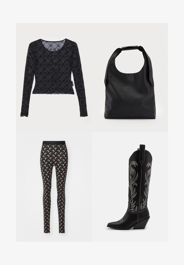 Černý dlouhý rukáv top vyrobený z průhledné, texturované tkaniny s vyvýšeným květinovým vzorem a kulatým výstřihem se zkoseným lemem.; Černé legíny s opakujícím se vzorem srpkové měsíce v světlé béžové barvě. Vyrobené z elastického materiálu s elastickým pasem.; Černé kožené kovbojské boty s špičatými špičkami, podpatky ve tvaru klínu a stříbrně vyšívanými květinovými vzory po celé délce. Kontrastní prošívání po celém obvodu.; Černá kůže hobo taška s jedním měkkým, zaobleným uchopem; má hladkou texturu a minimalistický design. Bez viditelného kovového doplňku nebo akcentů.