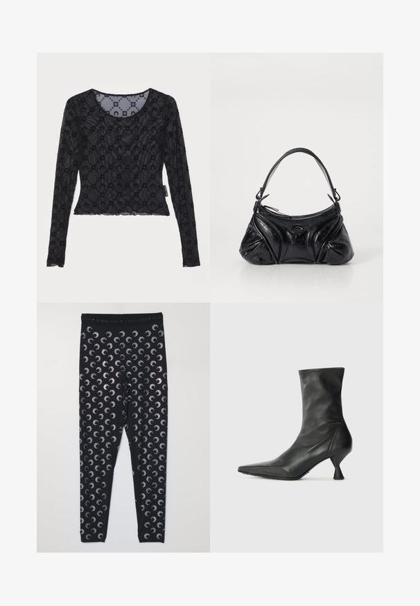 Fekete, hosszú ujjú felső átlátszó, texturált anyagból, kiemelkedő virágmintával és kerek nyakkivágással, fodros szegéllyel.; MARINE SERRE MOON - Leggingek - Nadrágok - black strass; Fekete bőr bokacsizma hegyes orral, texturált orrborítással és karcsú, kúp alakú sarokkal. Simára kidolgozott felület, diszkrét varrás részletekkel.; Fekete, textúrált bőrből készült kézitáska, kerekded formával. Vékony vállpánttal és díszes embosszas mintákkal rendelkezik.