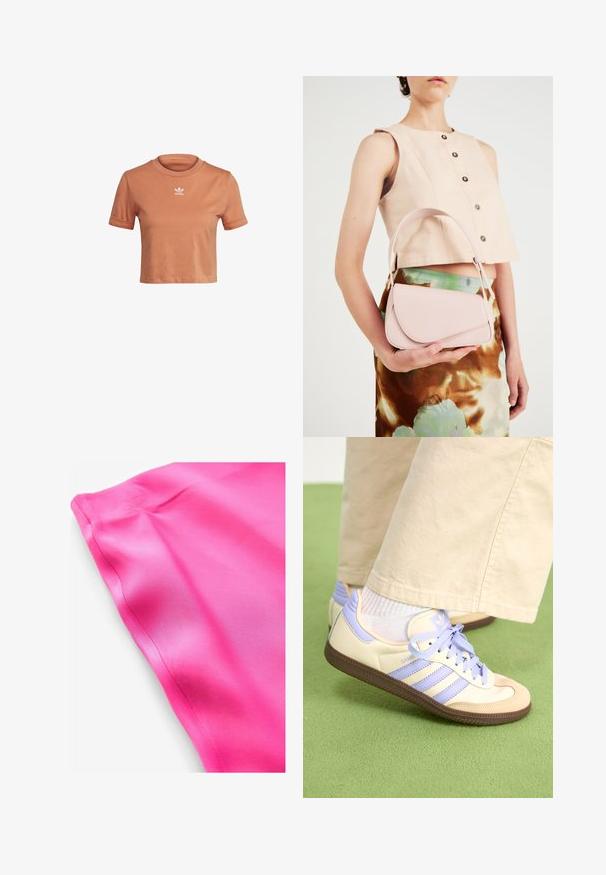 adidas Originals TOP ADICOLOR ORIGINALS REGULAR T-SHIRT - Tričko s potlačou - hazy copper; Jasne ružové saténové tkaniny so hladkou textúrou, s čistým okrajom a jemným leskom. Žiadne vzory ani ďalšie detaily nie sú viditeľné.; Krémovo-fialové tenisky so tromi pruhmi a štruktúrovanou hnedou podrážkou, s šnúrkami a polstrovaným opätkom. Mäkký textilný zvršok.; Ružová kožená kabelka s zakriveným klapkovým uzáverom, jedným ramenným popruhom a čistými líniami. Kabelka má hladkú textúru a minimalistický dizajn.