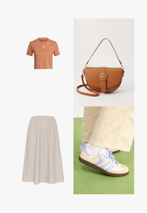 adidas Originals TOP ADICOLOR ORIGINALS REGULAR T-SHIRT - Marškinėliai su spaudiniu - hazy copper; Šviesiai smėlio spalvos, iki kulkšnies siekianti sijonas su elastinga juosta. Pabrėžia vertikalius dryžius ir plazdantį, tekstūruotą audinį.; Kreminės ir levandų spalvos sportbačiai su trims juostelėmis ir tekstūruota ruda padais, su raišteliais ir paminkštintu kulnu. Minkšta medžiaginė viršutinė dalis.; Ruda odinė kryžminė rankinė, turinti kreivą formą, auksinius metalinius elementus ir sagtį. Yra nuimama petneša.