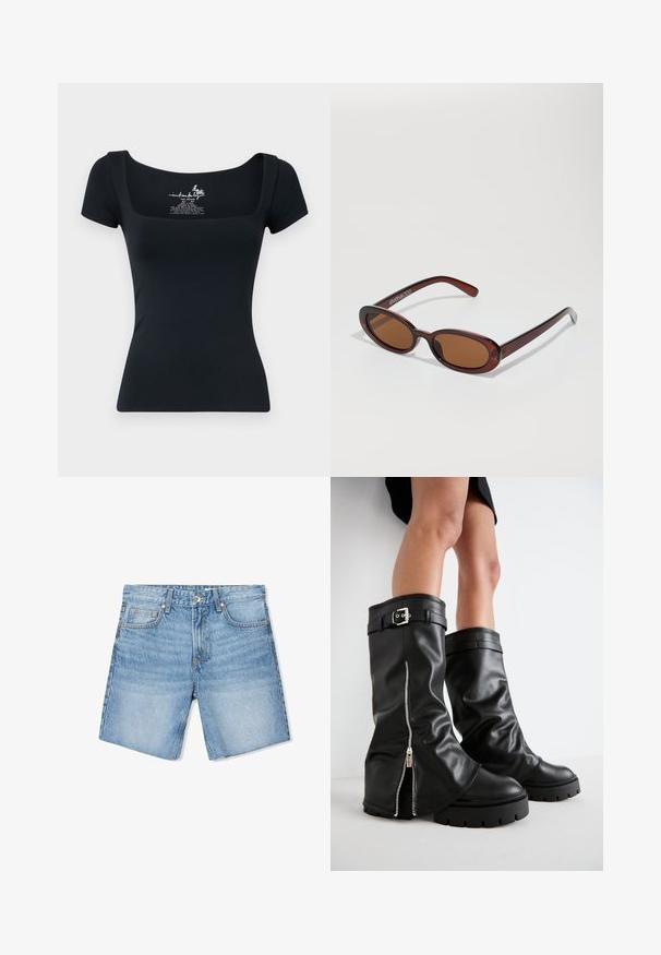 Fekete, testhez simuló, rövid ujjú póló négyzet alakú nyakkal. Sima, rugalmas anyagból készült. A nyakkivágás belsejében nyomtatott címke található.; Világoskék farmer rövidnadrág laza szabással, öt zsebbel, látható varrásokkal és gombos derékkal. Kopottas textúra.; Fekete bőr, térd fölé érő csizmák széles szárwith, oldalsó cipzárral és csatos díszítéssel, textúrált felülettel és vastag gumitalppal.; Kerek, barna árnyalatú napszemüveg fényes burgundi kerettel. Karcsú karok diszkrét márkázással. Lapos lencse kialakítás.