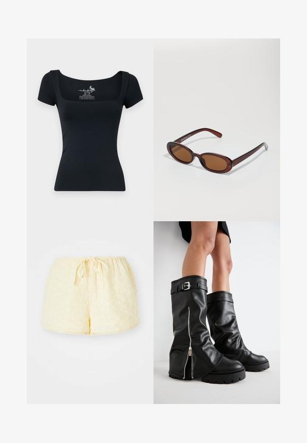 Fekete, testhez simuló, rövid ujjú póló négyzet alakú nyakkal. Sima, rugalmas anyagból készült. A nyakkivágás belsejében nyomtatott címke található.; Sárga pamut rövidnadrág, gumis derékkal és húzózsinórral. Hímzett virágmintákkal és fodros szegéssel rendelkezik.; Fekete bőr, térd fölé érő csizmák széles szárwith, oldalsó cipzárral és csatos díszítéssel, textúrált felülettel és vastag gumitalppal.; Kerek, barna árnyalatú napszemüveg fényes burgundi kerettel. Karcsú karok diszkrét márkázással. Lapos lencse kialakítás.