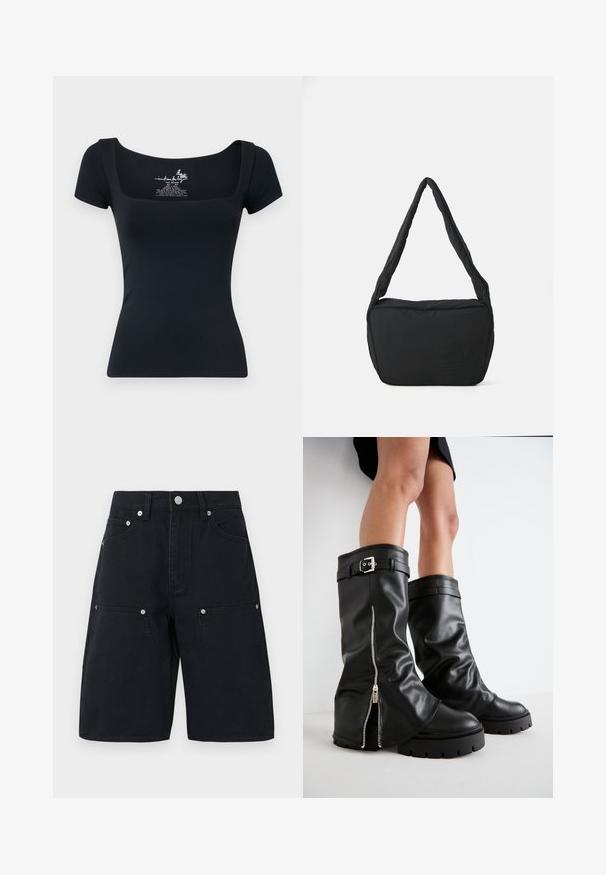 Črna oprijeta majica s kratkimi rokavi in kvadratnim izrezom. Narejena iz gladkega, elastičnega blaga. Ima tiskano oznako znotraj izreza.; Črne denim kratke hlače s ravnim krojem, ki imajo dva sprednja žepa in srebrne detajle. Teksturna tkanina z dodatki šivanja.; Črne usnjene škornje do kolen s širokim zgornjim delom, ki imajo stransko zadrgo in dekorativno sponko, teksturirano površino ter masiven gumijast podplat.; Črna torba čez ramo z oblazinjenim teksturo, zaobljeno obliko in širok pas, z embosiranim logotipom na sprednji strani.