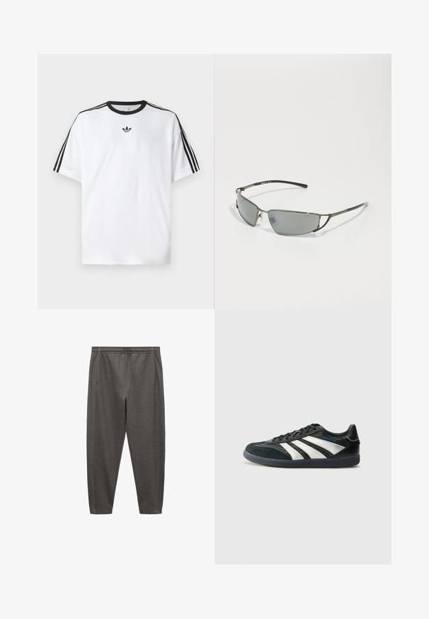 Maglietta bianca in cotone, con scollatura rotonda nera e tre strisce nere su ciascuna spalla. Piccolo logo nero sul petto.; Pantaloni da jogging grigi realizzati in tessuto morbido, dotati di elastico in vita, tasche laterali e un design a gamba affusolata.; adidas Performance PREDATOR FREESTYLE JUDE INDOOR FOOTBALL SHOES - Scarpe da calcio indoor - core black/silver-coloured/glory blue; Occhiali da sole con una struttura metallica elegante, lenti grigie, forma allungata e aste nere. Design minimale e costruzione leggera.