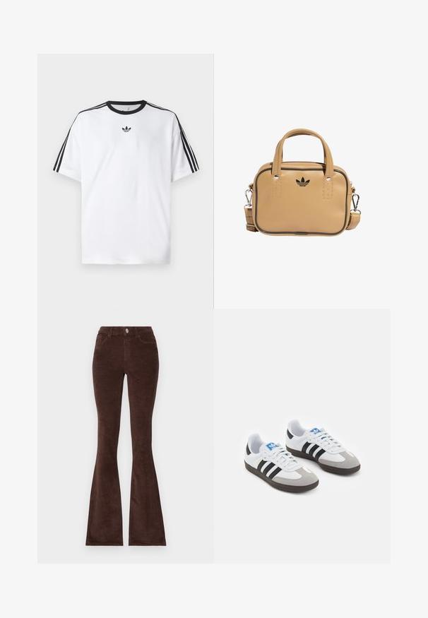 Hvit T-skjorte laget av bomull, med svart rund hals og tre svarte striper på hver skulder. Liten svart logo på brystet.; Brune kordfløyelsbukser med bred ben, knappelukking, to frontlommer og en teksturert stoff. Har en tettsittende midje og bred kant.; Sportssko med en hvit skinnoverdel, grå semsket tå og tre svarte striper. Har en blå logo på tungen og en teksturert gummisåle.; Tan vegan lærveske med to håndtak, avtagbar skulderrem, svart kontrastsøm, og en liten svart logo på fronten.