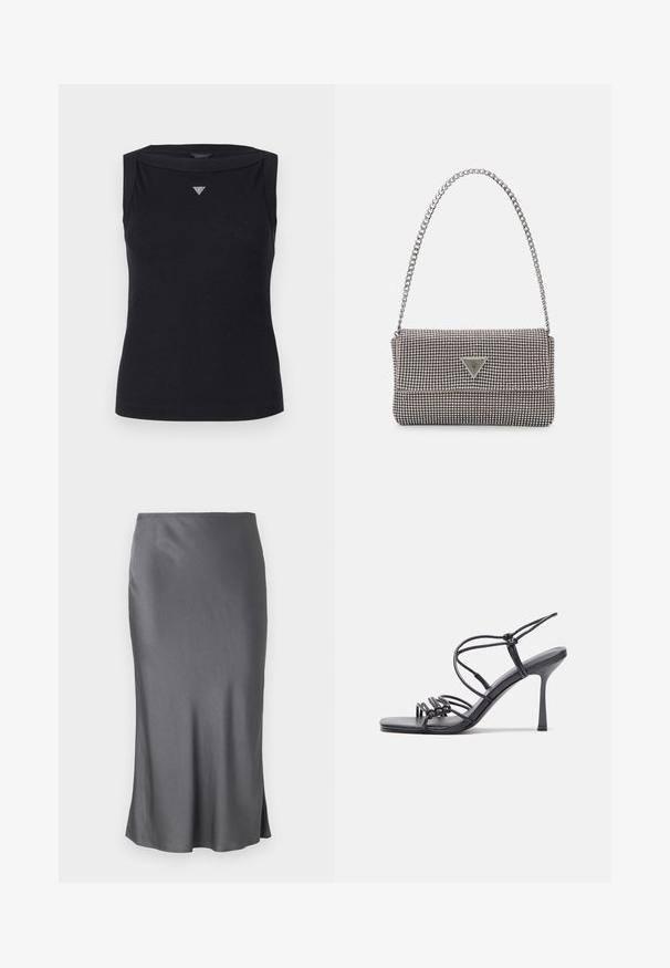 Débardeur noir sans manches en coton, avec un col bateau et un petit logo triangulaire en cristal sur la poitrine. Texture lisse.; Jupe midi en satin gris avec une texture lisse, une silhouette droite, une légère fente sur le côté et une taille élastique.; Des sandales noires à talons hauts avec des fines lanières au design noué, un bout carré lisse et un talon aiguille élégant.; Sac à main en métal gris clair avec une bandoulière en chaîne, orné de petits clous métalliques ronds et d'un logo de marque triangulaire.; Boucles d'oreilles créoles en argent avec une surface lisse et brillante, présentant une forme incurvée et une fermeture à tige. Design minimaliste avec une finition moderne.