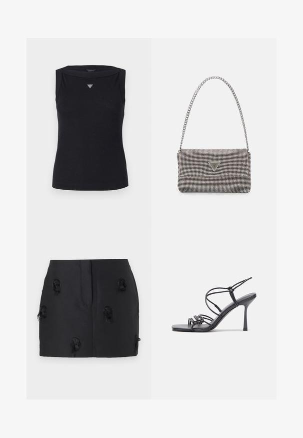 Juodas be rankovių medvilnės topas, kuriame yra laivo formos iškirpė ir mažas kristalų trikampio logotipas ant krūtinės. Lygus ir švelnus audinys.; Juodas sijonas, pasižymintis prigludusia sukirpimu ir tekstūriniais, purvinais akcentais, išsibarsčiusiais audinyje. Lygus medžiaga be matomų užsegimų.; Juodos aukštakulnės sandalai pasižymi plonyčiais dirželiais su mazgo dizainu, lygiu kvadratiniu pirštu ir elegantišku stiletto kulnu.; Šviesiai pilka metalinė rankinė su grandinėlės dirželiu, papuošta mažais apvaliais metaliniais smeigėmis ir trikampiu prekės ženklu.; Sidabriniai lankelio formos auskarai su lygiu, blizgiu paviršiumi, išlenktos formos ir su užsegimu. Minimalistinio dizaino su moderniu apdaila.