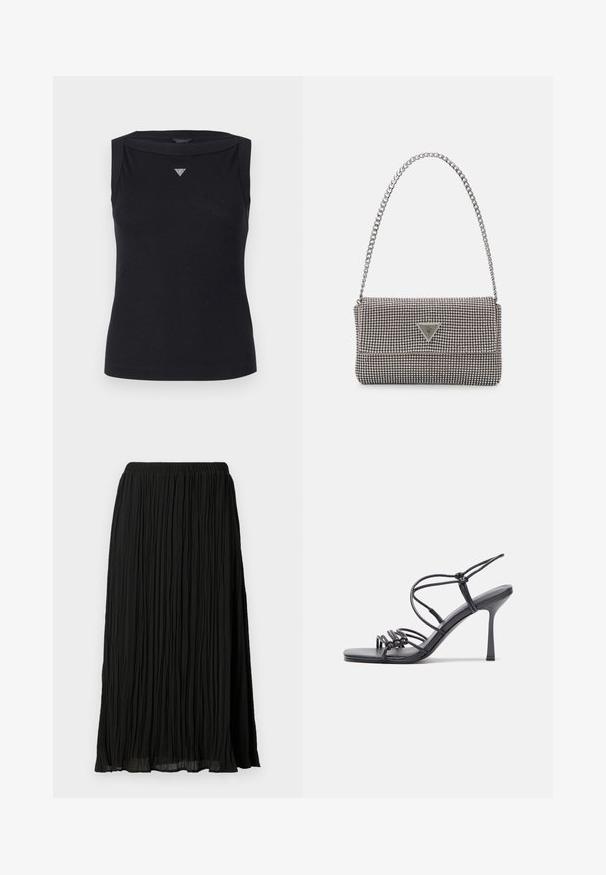Crna majica bez rukava od pamuka, s brojevima na čamcu i malim kristalnim trokutastim logom na grudima. Glatka tekstura.; Crna plisirana midi suknja s elastičnim pojasom, s teksturiranom površinom i laganom, lepršavom tkaninom.; Crne sandale na visokoj potpetici imaju tanke trake s čvorastim dizajnom, glatki kvadratni vrh i elegantnu stiletto petu.; Svijetlosivi metalik ruksač s lancem, ukrašen malim okruglim metalnim zakovicama i trokutastim logotipom marke.; Srebrne naušnice u obliku obruča sa glatkom, sjajnom površinom, zakrivljenog oblika i zatvaranjem na čep. Minimalistički dizajn s modernim završetkom.