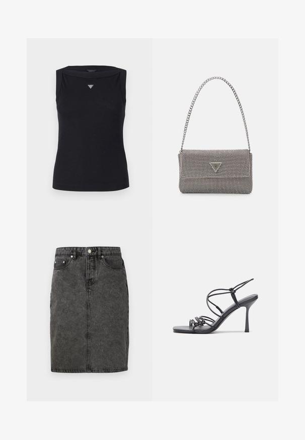 Débardeur noir sans manches en coton, avec un col bateau et un petit logo triangulaire en cristal sur la poitrine. Texture lisse.; Jupe en denim noir avec une coupe droite, fermeture à boutons à l'avant, passants de ceinture et une texture légèrement délavée, dotée de deux poches latérales.; Des sandales noires à talons hauts avec des fines lanières au design noué, un bout carré lisse et un talon aiguille élégant.; Sac à main en métal gris clair avec une bandoulière en chaîne, orné de petits clous métalliques ronds et d'un logo de marque triangulaire.; Boucles d'oreilles créoles en argent avec une surface lisse et brillante, présentant une forme incurvée et une fermeture à tige. Design minimaliste avec une finition moderne.