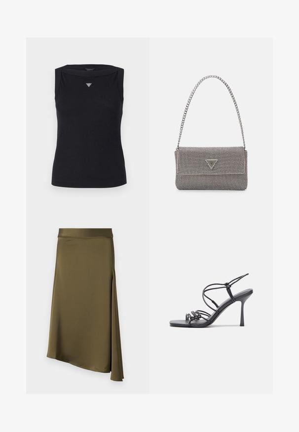Débardeur noir sans manches en coton, avec un col bateau et un petit logo triangulaire en cristal sur la poitrine. Texture lisse.; Jupe vert olive en tissu lisse et léger ; présente un ourlet asymétrique et une fente sur le côté pour la liberté de mouvement et le style.; Des sandales noires à talons hauts avec des fines lanières au design noué, un bout carré lisse et un talon aiguille élégant.; Sac à main en métal gris clair avec une bandoulière en chaîne, orné de petits clous métalliques ronds et d'un logo de marque triangulaire.; Boucles d'oreilles créoles en argent avec une surface lisse et brillante, présentant une forme incurvée et une fermeture à tige. Design minimaliste avec une finition moderne.