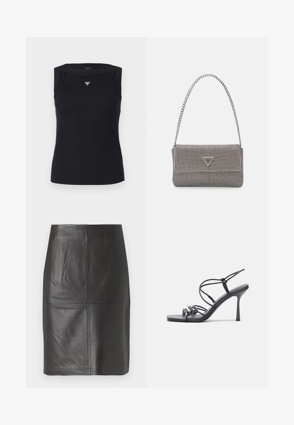 Débardeur noir sans manches en coton, avec un col bateau et un petit logo triangulaire en cristal sur la poitrine. Texture lisse.; Jupe en cuir noir avec une texture lisse, présentant des coutures verticales et un design droit. Aucun matériel ou accent visible.; Des sandales noires à talons hauts avec des fines lanières au design noué, un bout carré lisse et un talon aiguille élégant.; Sac à main en métal gris clair avec une bandoulière en chaîne, orné de petits clous métalliques ronds et d'un logo de marque triangulaire.; Boucles d'oreilles créoles en argent avec une surface lisse et brillante, présentant une forme incurvée et une fermeture à tige. Design minimaliste avec une finition moderne.