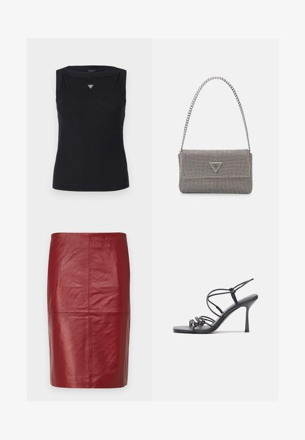 Črna brezrokavnica iz bombaža, z čolnastim izrezom in majhnim kristalnim trikotnim logotipom na prsih. Gladka tekstura.; 2nd Day JAYAN - Usnjeno krilo - biking red; Črne visoke sandale na peto imajo tanke naramnice z vozlom, gladek kvadratni toe in eleganten stiletto peto.; Svetlo siva kovinska torbica z verižnim ročajem, okrašena z majhnimi okroglimi kovinskimi bleščicami in trikotnim logotipom blagovne znamke.; Srebrne obročaste uhane z gladko, sijočo površino. Zaobljena oblika, lahka zasnova, z zapiranjem na zatič.