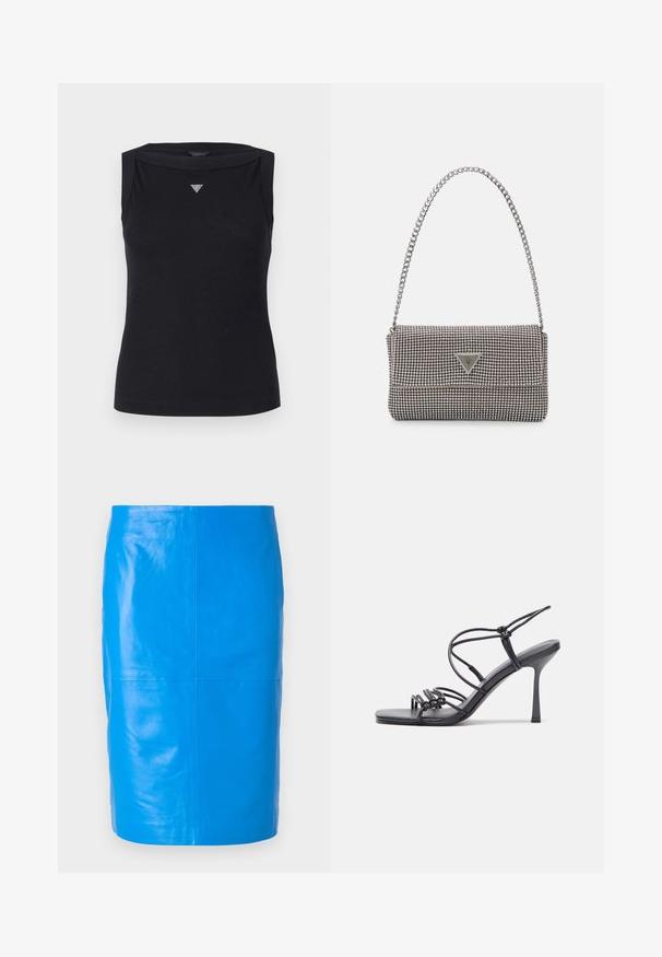 Črna brezrokavnica iz bombaža, z čolnastim izrezom in majhnim kristalnim trikotnim logotipom na prsih. Gladka tekstura.; 2nd Day JAYAN - Usnjeno krilo - skydiver; Črne visoke sandale na peto imajo tanke naramnice z vozlom, gladek kvadratni toe in eleganten stiletto peto.; Svetlo siva kovinska torbica z verižnim ročajem, okrašena z majhnimi okroglimi kovinskimi bleščicami in trikotnim logotipom blagovne znamke.; Srebrne obročaste uhane z gladko, sijočo površino. Zaobljena oblika, lahka zasnova, z zapiranjem na zatič.