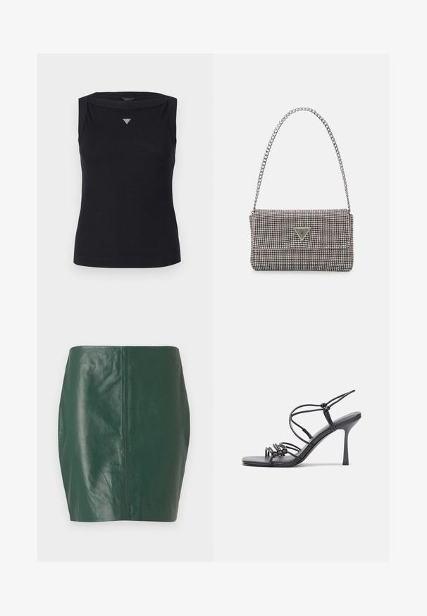Juodas be rankovių medvilnės topas, kuriame yra laivo formos iškirpė ir mažas kristalų trikampio logotipas ant krūtinės. Lygus ir švelnus audinys.; Žalia oda mini sijonas, su lygiu tekstūru ir prigludusia forma. Savybės: be siūlų dizainas, be matomų uždarymo arba aparatūros elementų.; Juodos aukštakulnės sandalai pasižymi plonyčiais dirželiais su mazgo dizainu, lygiu kvadratiniu pirštu ir elegantišku stiletto kulnu.; Šviesiai pilka metalinė rankinė su grandinėlės dirželiu, papuošta mažais apvaliais metaliniais smeigėmis ir trikampiu prekės ženklu.; Sidabriniai lankelio formos auskarai su lygiu, blizgiu paviršiumi, išlenktos formos ir su užsegimu. Minimalistinio dizaino su moderniu apdaila.