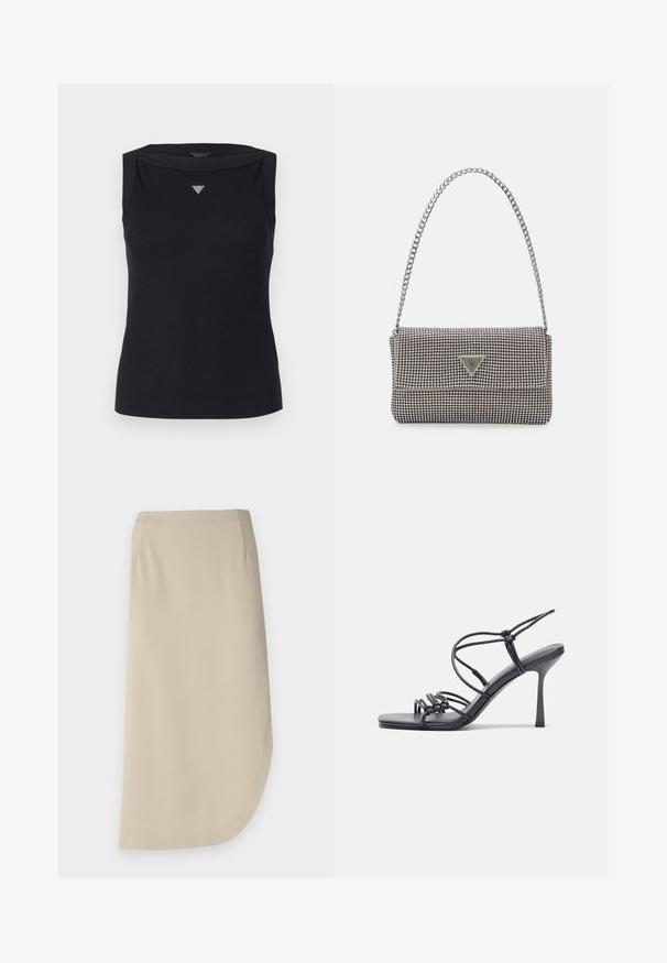 Débardeur noir sans manches en coton, avec un col bateau et un petit logo triangulaire en cristal sur la poitrine. Texture lisse.; Jupe beige jusqu'aux genoux avec une texture douce, présentant un ourlet incurvé et des poches latérales. Design minimaliste sans fermetures visibles.; Des sandales noires à talons hauts avec des fines lanières au design noué, un bout carré lisse et un talon aiguille élégant.; Sac à main en métal gris clair avec une bandoulière en chaîne, orné de petits clous métalliques ronds et d'un logo de marque triangulaire.; Boucles d'oreilles créoles en argent avec une surface lisse et brillante, présentant une forme incurvée et une fermeture à tige. Design minimaliste avec une finition moderne.