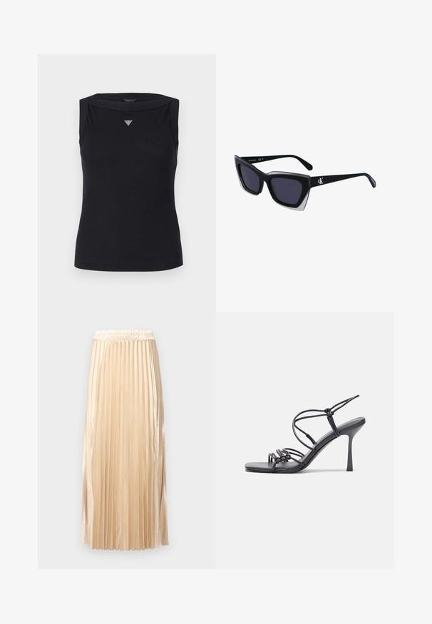 Top negro sin mangas de algodón, con escote barco y un pequeño logo triangular de cristal en el pecho. Textura suave.; Falda midi plisada en satén beige claro, con cintura elástica y textura suave, con rayas verticales que realzan su diseño.; Las sandalias negras de tacón alto presentan finas correas con un diseño anudado, una punta cuadrada suave y un elegante tacón de aguja.; Gafas de sol negras de gran tamaño con una forma geométrica, que presentan lentes oscuros y un detalle gris contrastante en la montura. Logo en la pata.; Bolso de mano metálico gris claro con una cadena como asa, adornado con pequeños remaches metálicos circulares y un logotipo de marca en forma triangular.; Aros de plata en forma de aro con un acabado liso y brillante. Diseño redondeado y ligero, con cierre de tipo post-back.