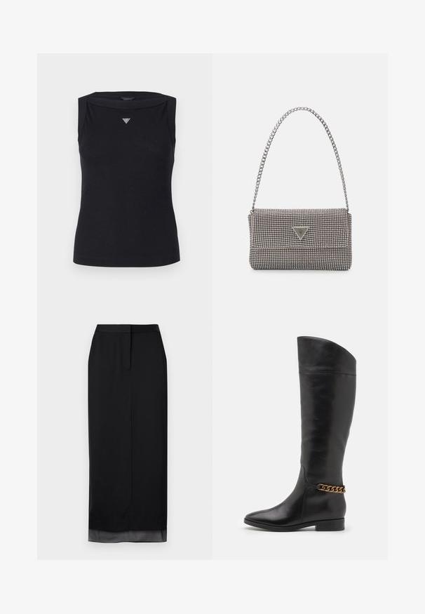 Mustapaita ilman hihoja, valmistettu puuvillasta, jossa on laivakaula-aukko ja pieni kristallinen kolmio-logo rinnassa. Sileä pinta.; Musta pitkä hame, joka on valmistettu sileästä kankaasta. Hameessa on suora siluetti, hienovarainen läpikuultava helma, muotoiltu vyötärö ja takasaumassa halkio.; Pitkiä mustista nahkasaappaista, joissa on tyylikäs muotoilu, terävä kärki ja kultaketjuakseli nilkassa. Matala lohko korko. Sujuva pinta.; Vaalea harmaa metallinen käsilaukku, jossa on ketjusanka. Laukku on koristeltu pienillä pyöreillä metallikoruilla ja kolmion muotoisella brändilogolla.; Hopeiset korvarenkaat, joissa on sileä ja kiiltävä pinta, kaareva muoto ja piikkikiinnitys. Minimalistinen muotoilu modernilla viimeistelyllä.