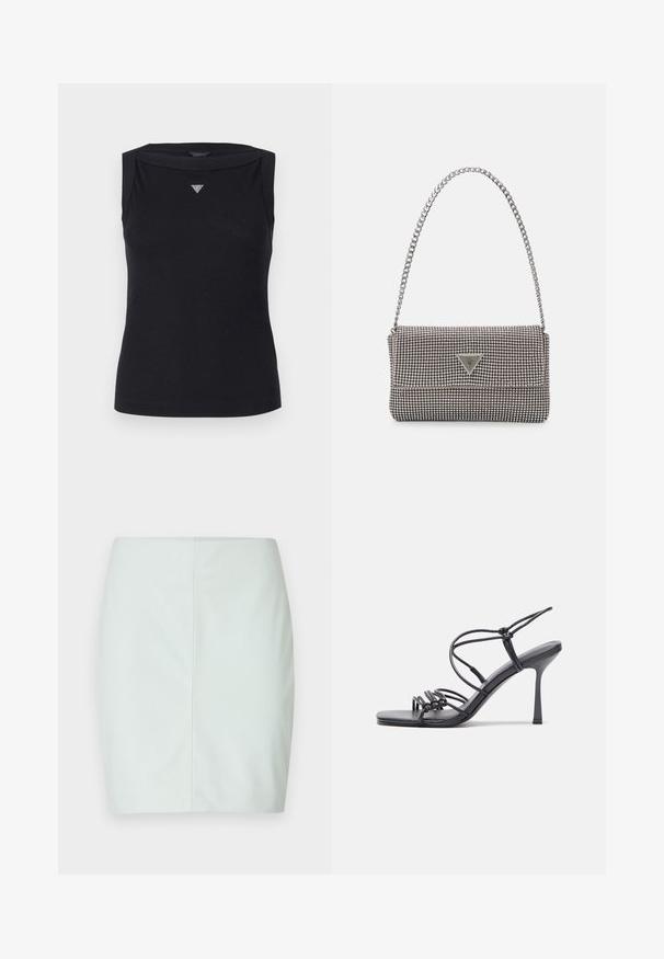 Top senza maniche nero in cotone, con scollo a barca e un piccolo logo triangolare in cristallo sul petto. Texture liscia.; Gonna mini aderente verde chiaro realizzata in materiale morbido, con taglio dritto e linee pulite, senza hardware o decorazioni visibili.; Sandali neri con tacco alto presentano sottili cinturini con design annodato, una punta quadrata liscia e un elegante tacco a spillo.; Borsa a mano metallica grigia chiara con tracolla a catena, impreziosita da piccoli chiodi metallici circolari e da un logo triangolare del marchio.; Orecchini a cerchio in argento con superficie liscia e lucida, caratterizzati da una forma curva e chiusura a perno. Design minimalista con finitura moderna.