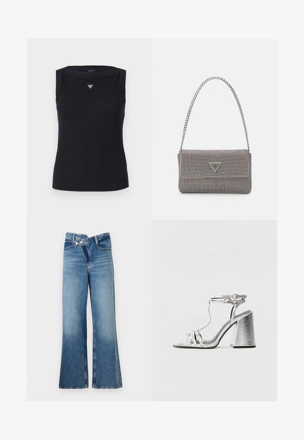 Top senza maniche nero in cotone, con scollo a barca e un piccolo logo triangolare in cristallo sul petto. Texture liscia.; Jeans a zampa d'elefante in denim blu chiaro con vita alta, dotati di due bottoni e tasche frontali. Il tessuto ha una texture sbiadita con variazioni sottili.; Sandalo con tacco a blocco argentato, caratterizzato da fasce sottili e una fibbia alla caviglia. Il materiale ha una finitura metallica con un aspetto testurizzato.; Borsa a mano metallica grigia chiara con tracolla a catena, impreziosita da piccoli chiodi metallici circolari e da un logo triangolare del marchio.; Orecchini a cerchio in argento con superficie liscia e lucida, caratterizzati da una forma curva e chiusura a perno. Design minimalista con finitura moderna.