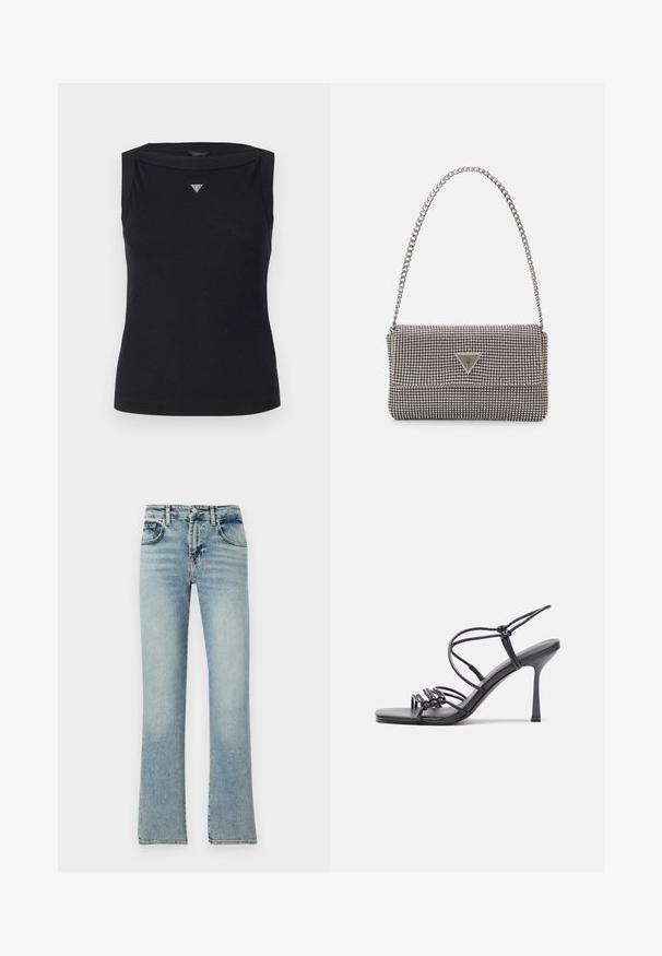 Mustapaita ilman hihoja, valmistettu puuvillasta, jossa on laivakaula-aukko ja pieni kristallinen kolmio-logo rinnassa. Sileä pinta.; Vaaleansiniset farkut, joissa on levenevät lahkeet, viisi taskua, vyölenkit ja haalistunut pinta.; Mustat korkokengät sandaalit, joissa on ohuet hihnat solmittuna, sileä neliön muotoinen varvasosa ja tyylikäs stiletto-korko.; Vaalea harmaa metallinen käsilaukku, jossa on ketjusanka. Laukku on koristeltu pienillä pyöreillä metallikoruilla ja kolmion muotoisella brändilogolla.; Hopeiset korvarenkaat, joissa on sileä ja kiiltävä pinta, kaareva muoto ja piikkikiinnitys. Minimalistinen muotoilu modernilla viimeistelyllä.